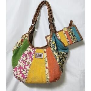 Relic - Cotton Canvas Boho Patchwork Floral Purse/Tan Faux Leather Trim & Wallet